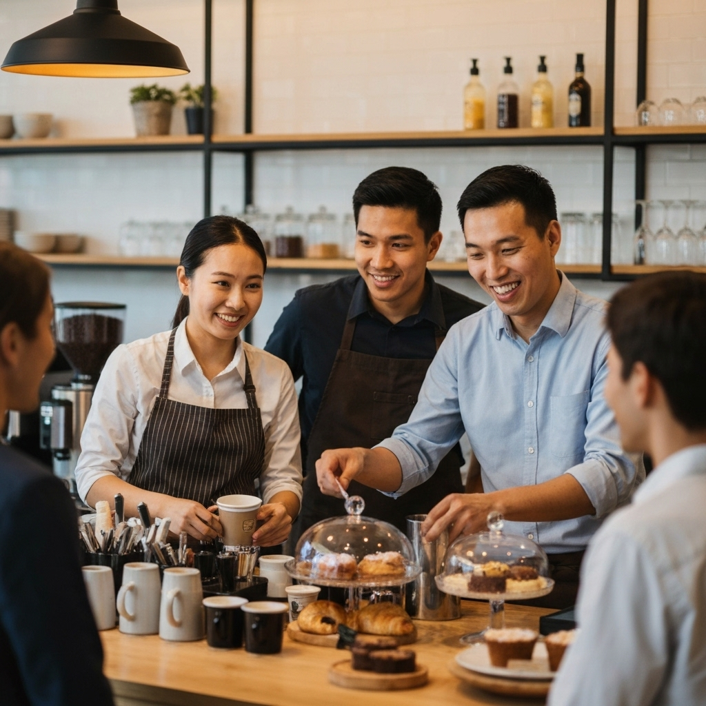 Cafe team coordinating together during service