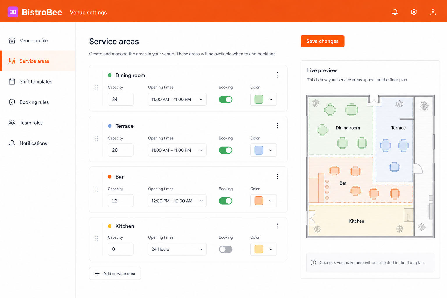 BistroBee venue settings showing editable service areas, capacities, opening times, and a live floor preview